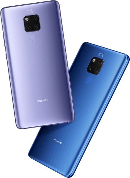 Huawei Mate 20 X in purple and blue, rear view showing dual camera setup and fingerprint sensor