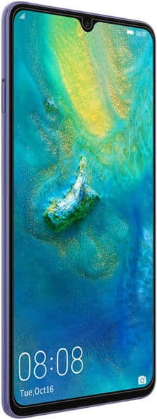Huawei Mate 20 X front view, displaying an aerial landscape wallpaper with teal and yellow tones on its large screen with waterdrop notch