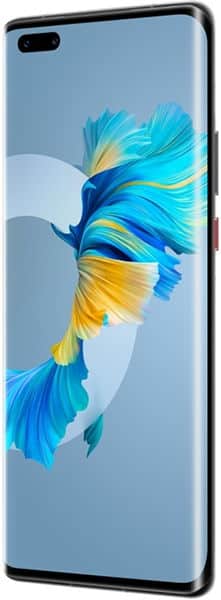 Huawei Mate 40 Pro front view displaying colorful blue and yellow abstract artwork on screen against light blue background