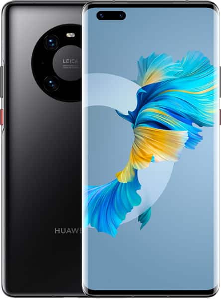 Huawei Mate 40 Pro shown front and rear, displaying blue and yellow fish graphic on screen and circular camera module with Leica branding on back