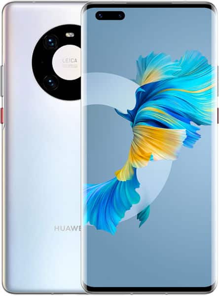 Huawei Mate 40 Pro front and rear view, white finish with circular camera module and blue abstract wallpaper display