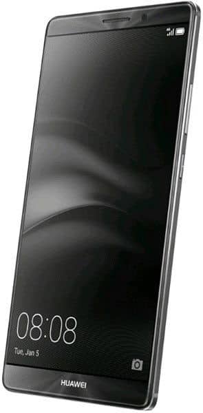 Huawei Mate 8 in black, front angled right, showing screen (08:08, Jan 5), slim build, front camera, minimal bezels.