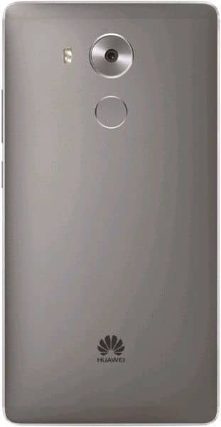Rear view of gray Huawei Mate 8 showing camera, flash, circular fingerprint sensor, and Huawei logo at the bottom.