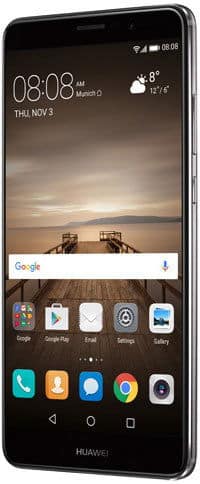 Huawei Mate 9 smartphone front view, displaying home screen with weather widget, time, and app icons including Google, Phone, Messages, and Camera