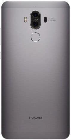 Huawei Mate 9 rear view showing dual camera and fingerprint sensor on gray back panel