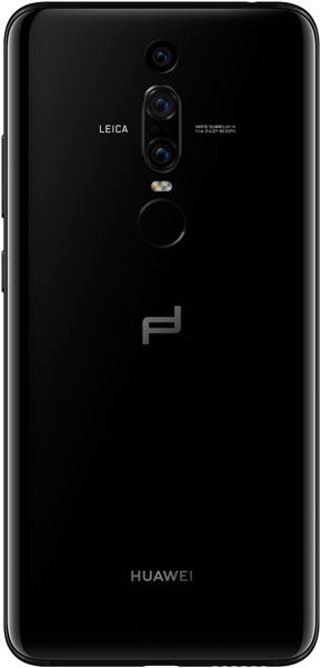 Huawei Mate RS Porsche Design rear view, black glossy back with triple camera setup and fingerprint sensor