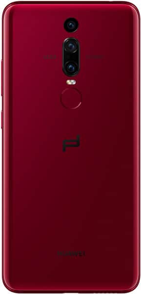 Huawei Mate RS Porsche Design rear view showing deep red glass back with triple camera setup and fingerprint sensor