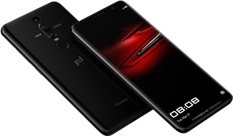 Huawei Mate RS Porsche Design shown from rear and front views, black phone with dual camera setup and red gradient display
