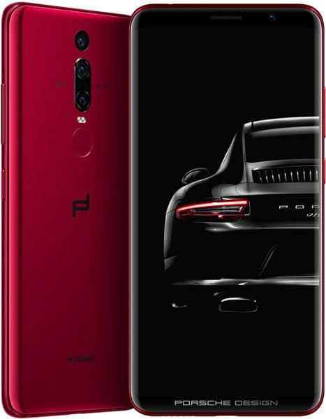 Huawei Mate RS Porsche Design, rear and front view, showing deep red back with triple cameras and black screen displaying Porsche car image