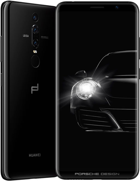 Huawei Mate RS Porsche Design, front and back view, showing dual rear cameras and display with car headlight wallpaper