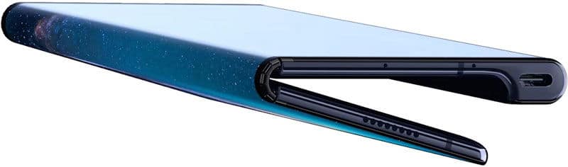 Huawei Mate X in folded position, showing blue patterned outer display and black frame with stylus slot