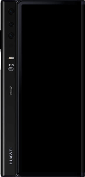 Huawei Mate X folded closed, showing left spine with Leica camera module and control buttons, screen dark