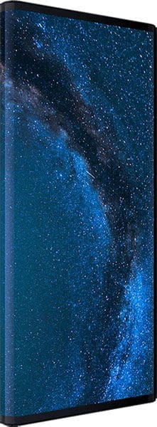 Huawei Mate X displayed at an angle, showing its screen with a starry night sky wallpaper featuring blue and dark nebula patterns