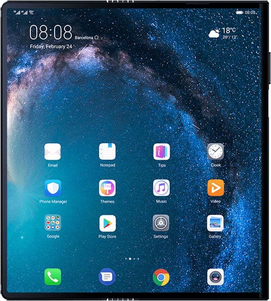Huawei Mate X foldable phone displayed open, showing home screen with starry night sky wallpaper, time 08:08, and app grid including Phone, Email, Settings, and Chrome