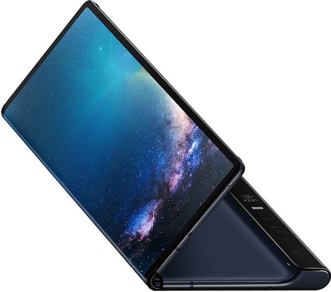 Huawei Mate X foldable phone open, displaying starry galaxy wallpaper on screen with black frame and folded stand
