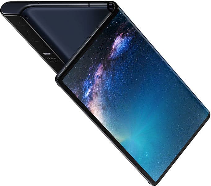 Huawei Mate X foldable phone, partially open with display showing starry night sky wallpaper, viewed from above at an angle