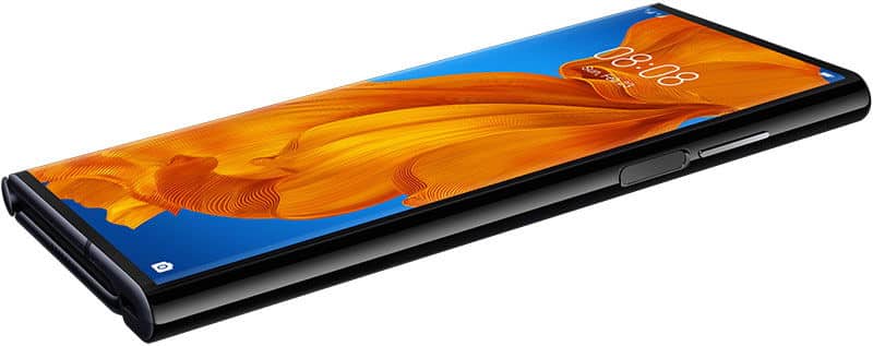 Huawei Mate Xs foldable phone displayed open, showing orange and blue wallpaper on screen with black frame