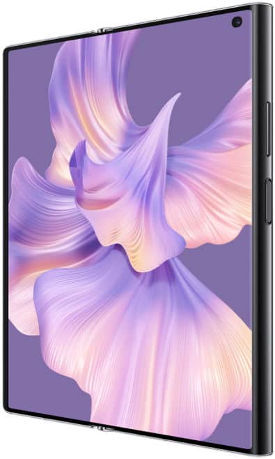 Huawei Mate Xs 2 unfolded, front view displaying digital purple-pink petals; right-side buttons and hinge are visible.