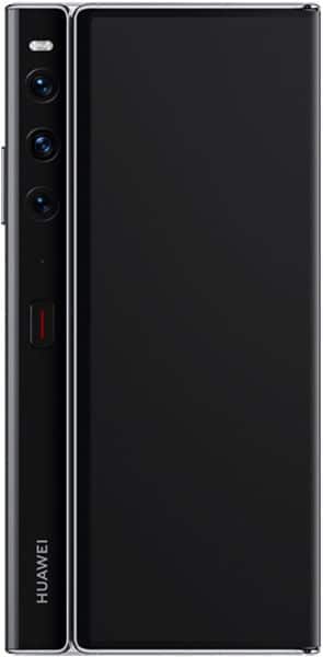 Huawei Mate Xs 2 in black, side view partially folded; shows three rear cameras and vertical logo, main display is off.