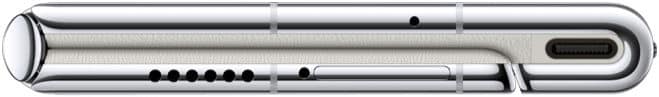 Bottom edge close-up of Huawei Mate Xs 2 showing metallic frame, speaker, microphone, SIM tray, and USB-C charging port.