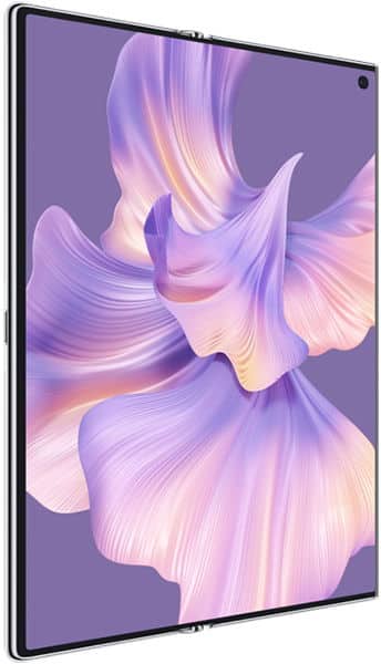 Front view of Huawei Mate Xs 2 tablet with a purple and pink abstract digital artwork on its unfolded display.