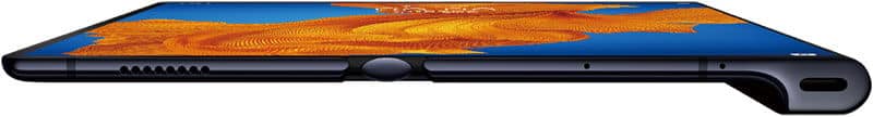 Huawei Mate Xs folded closed, side view, showing black frame with blue and orange display panel visible on top surface