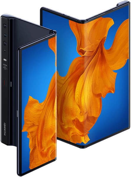 Huawei Mate Xs foldable phone shown open and closed, displaying orange flower imagery on blue background screens