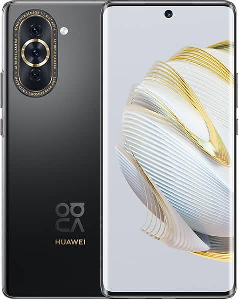 Huawei Nova 10 front and rear view, black finish with dual camera system and centered display notch showing abstract gold and white design