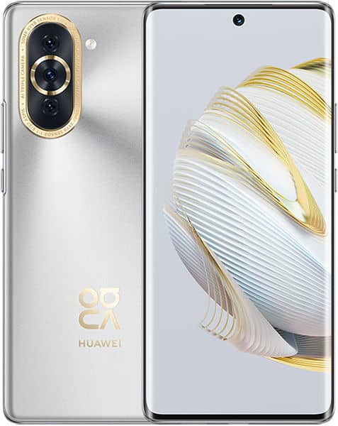 Huawei Nova 10 front and rear view, silver with gold camera ring and accents, displaying feather wallpaper on screen