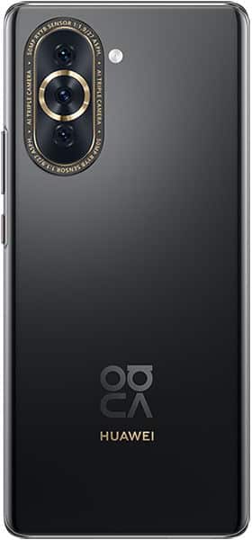 Huawei Nova 10 rear view, black with dual circular camera lenses and gold accents around the camera module