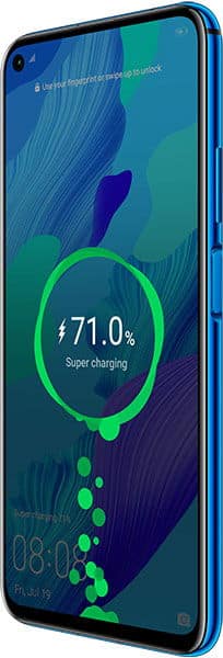 Huawei Nova 5T front view showing display with 71.0% super charging indicator and blue-green abstract wallpaper