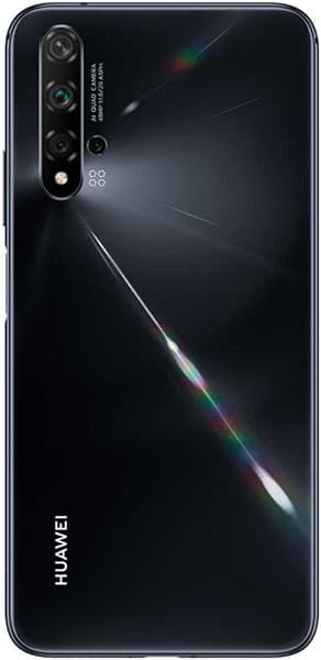 Huawei Nova 5T rear view, black with quad camera setup and rainbow light streaks across the back