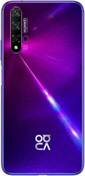 Huawei Nova 5T rear view with purple gradient display, triple camera setup, and Huawei branding visible