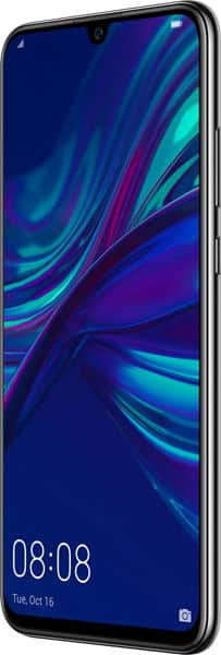 Huawei P Smart (2019) front view with blue and cyan abstract wallpaper on screen, showing time 08:08