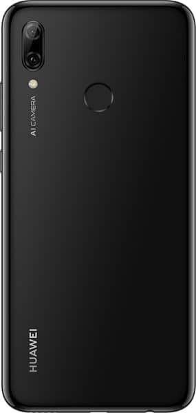 Huawei P Smart (2019) rear view, black, showing dual camera and fingerprint sensor