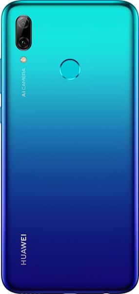 Huawei P Smart (2019) rear view, gradient cyan to deep blue finish, dual camera with fingerprint sensor