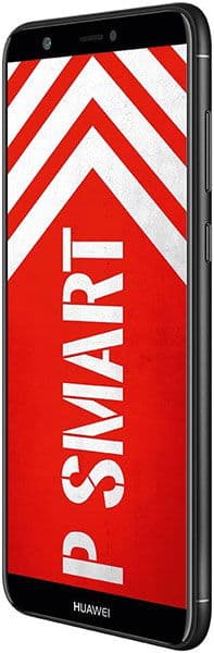 Huawei P Smart front view displaying red and white diagonal stripes with "P SMART" text on screen