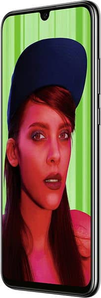 Huawei P Smart+ (2019) front view, displaying colorful portrait on screen with waterdrop notch at top