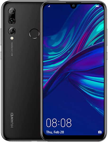 Huawei P Smart+ (2019) front view, black, with dual rear cameras, fingerprint sensor, and display showing blue abstract wallpaper and time 08:08