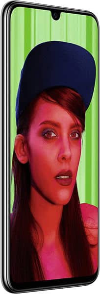 Huawei P Smart+ (2019) front view, displaying screen with portrait of a woman wearing a dark cap against a green and pink background