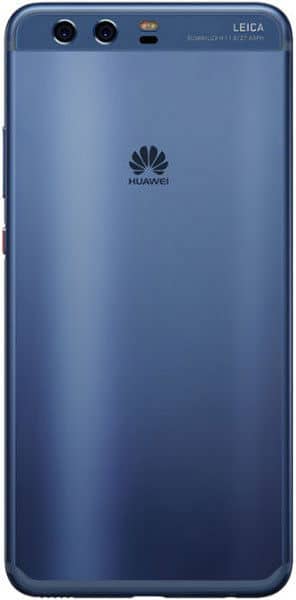 Huawei P10 Plus rear view, blue finish, dual camera with Leica branding visible at top