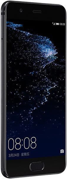 Huawei P10 Plus front view, black phone displaying a starry night sky pattern on screen with time 08:08 shown at bottom