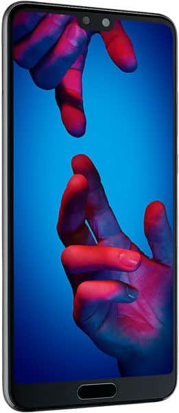 Front view of Huawei P20 showing thin bezels, physical home button, and screen with two hands reaching on blue background.