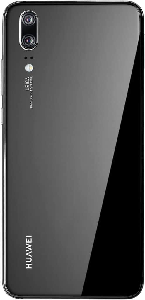 Rear view of black Huawei P20 showing dual cameras, small flash, Leica branding, and vertical Huawei logo in lower left.