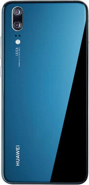 Rear view of blue Huawei P20 showing dual cameras, LED flash (top left), and visible Huawei, Leica branding on the back.
