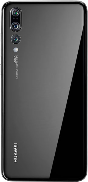 Huawei P20 Pro rear view, showing triple camera setup and black glass back panel with branding