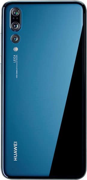 Huawei P20 Pro rear view showing blue gradient back panel with triple camera setup and Leica branding