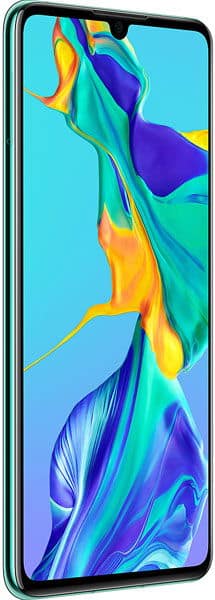 Huawei P30 front view with colorful abstract wallpaper on screen, shown at angle