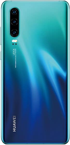 Huawei P30 rear view, turquoise to blue gradient, triple camera lens in upper left corner, Huawei logo centered on lower back