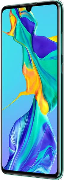 Huawei P30 front view with colorful abstract liquid wallpaper on screen, green frame, waterdrop notch